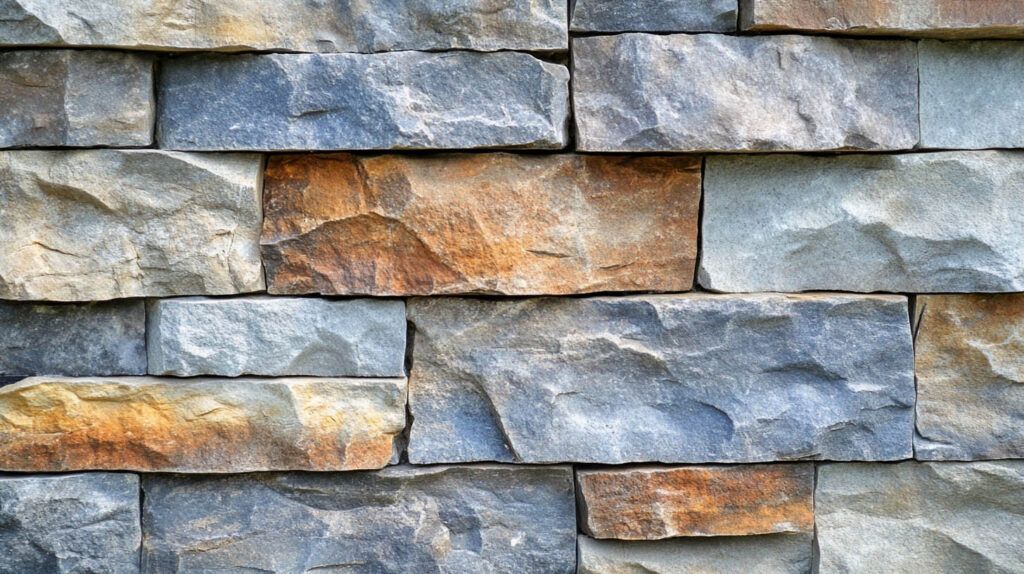 Stacked stone wall with gray, blue, and tan rectangular stones.