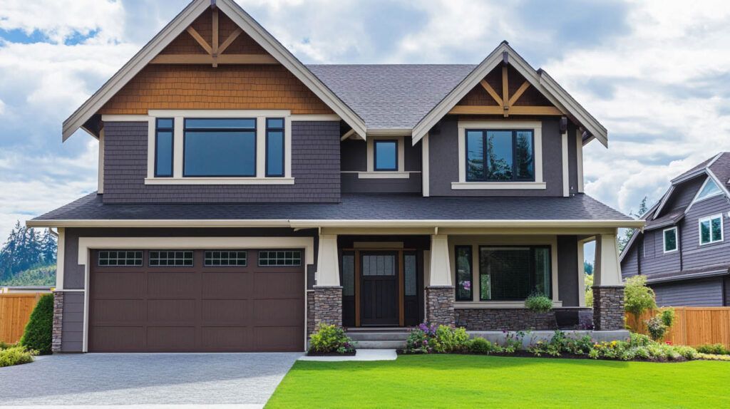 Two-story suburban house with gray siding, brown garage, and a green lawn under a blue sky