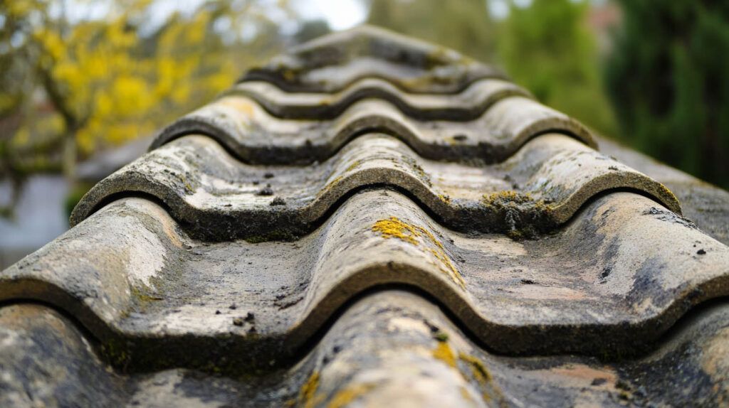 Close-up of weathered wavy roof tiles with moss, viewed from the ridge