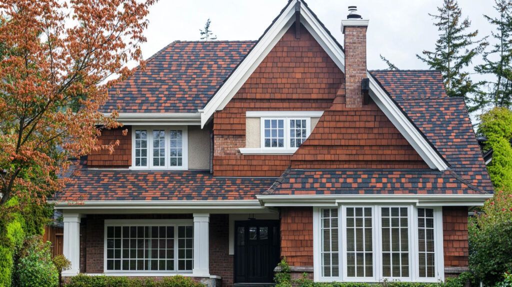 Brick house with red-tiled roof, white-framed windows, and trees in the yard