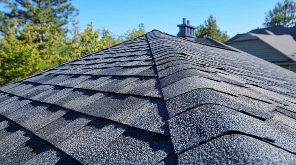 Close-up of a textured dark gray shingled roof with a ridge line under a blue sky