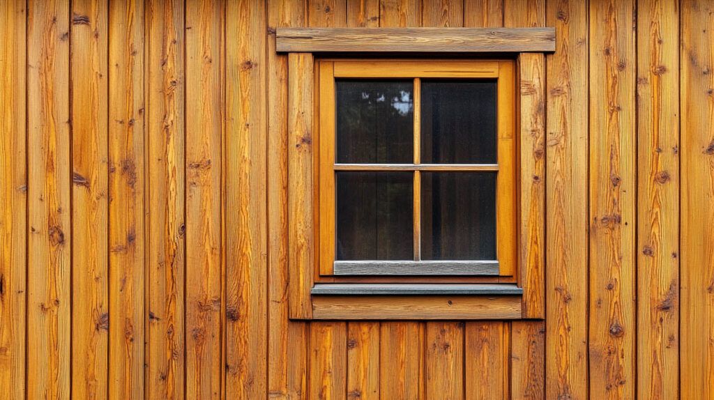 Small wooden cabin wall with a single window framed in dark trim.