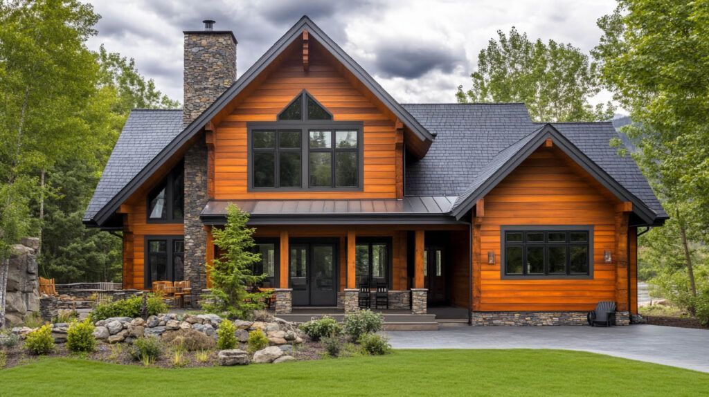 Orange wooden house with dark roof, stone chimney, and landscaped front yard under cloudy skies