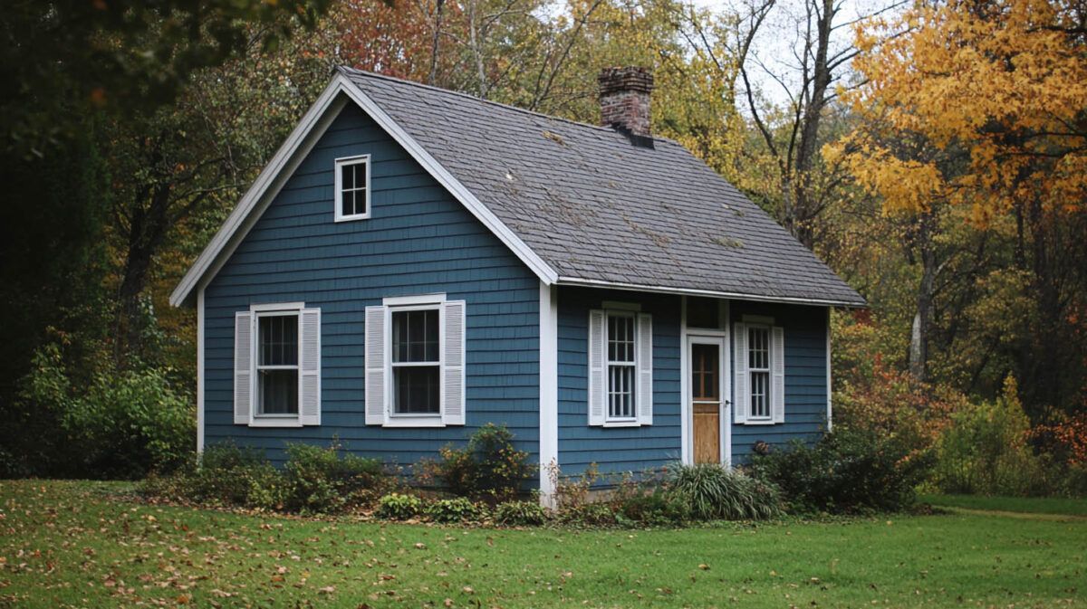 Small blue house with white trim and a gray roof, surrounded by trees in autumn.