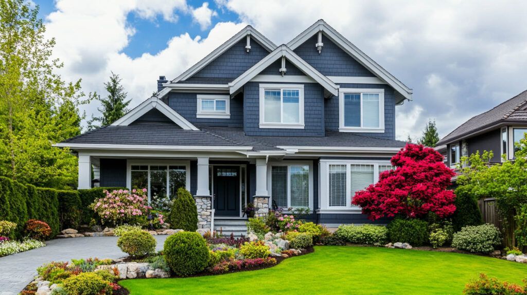 Gray two-story suburban house with a front porch, lush green lawn, and bright pink flowering shrub