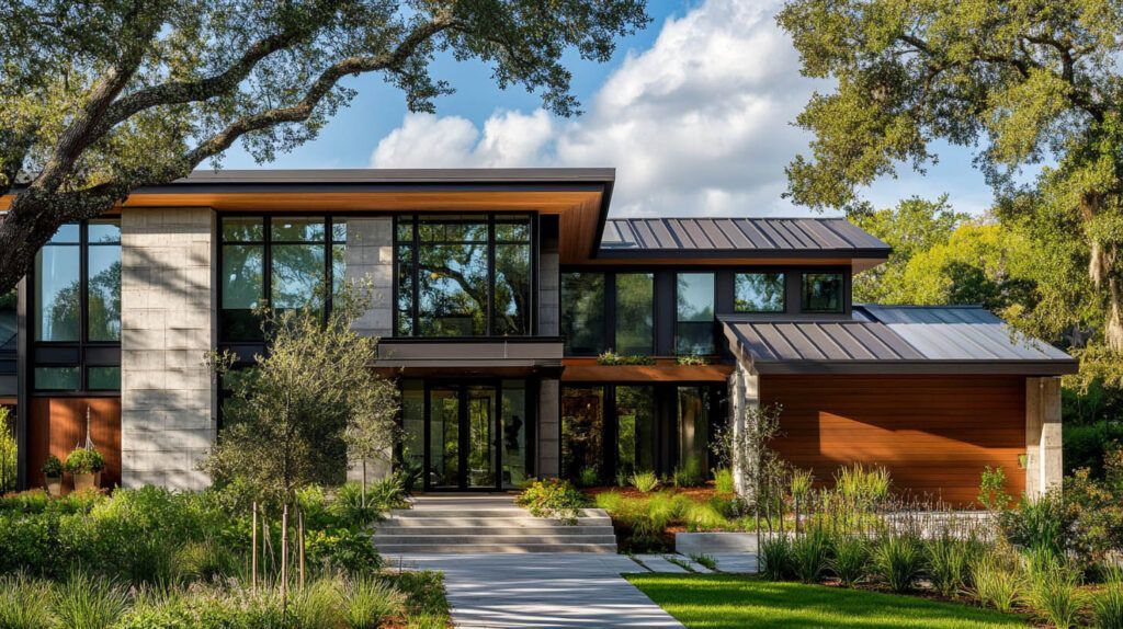 Modern two-story house with large windows, wood accents, and a landscaped front yard under trees