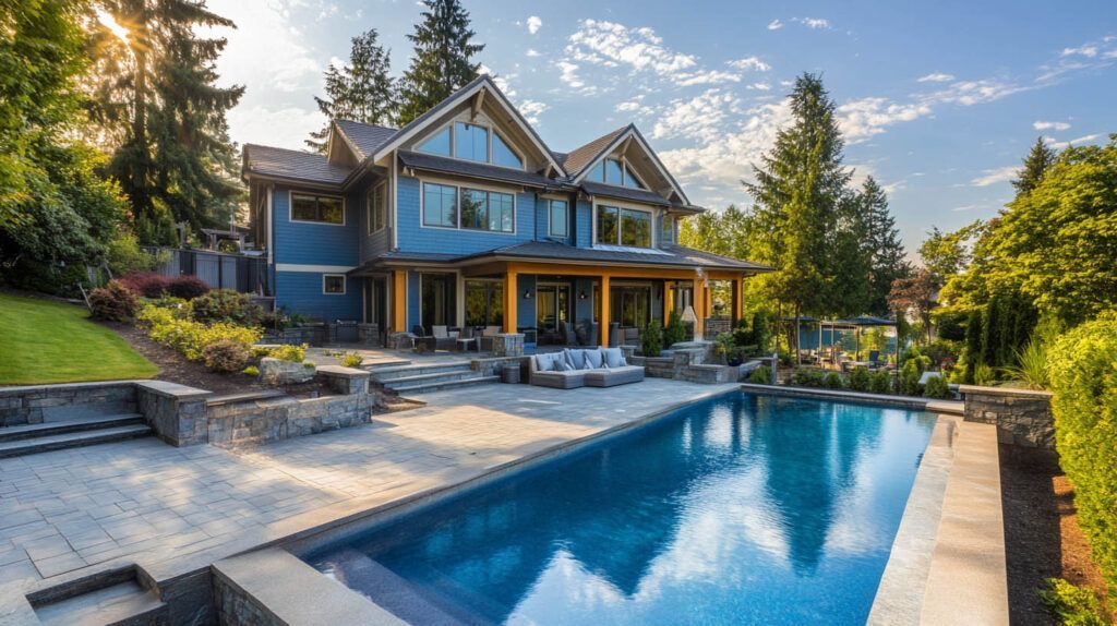 Modern blue house with a large backyard pool, stone patio, and tall trees at sunset