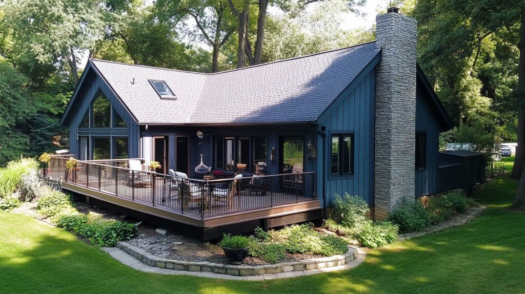 Modern cabin with a wraparound wooden deck, stone chimney, and lush green trees surrounding it