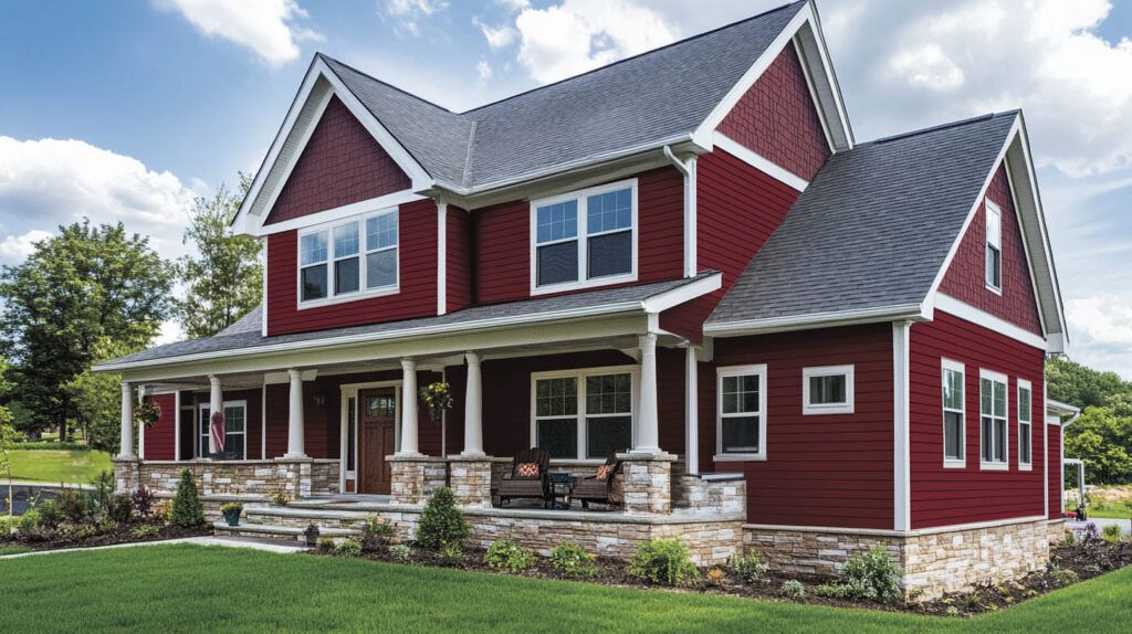 Red two-story farmhouse with stone porch, white trim, and gabled roof on a grassy lot under a blue sky