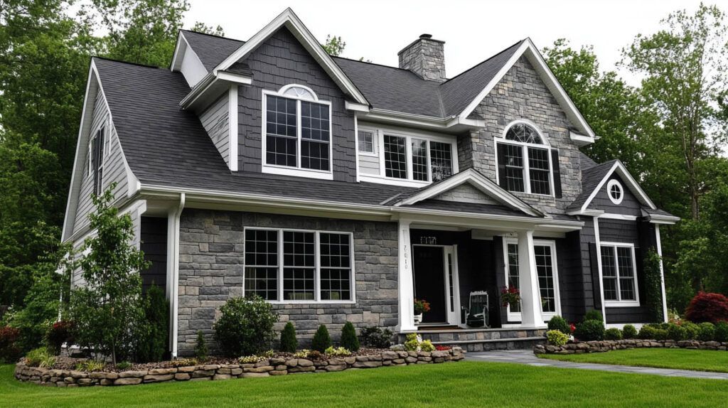 Large gray stone suburban house with white trim, dark roof, and a front porch surrounded by green lawn and trees