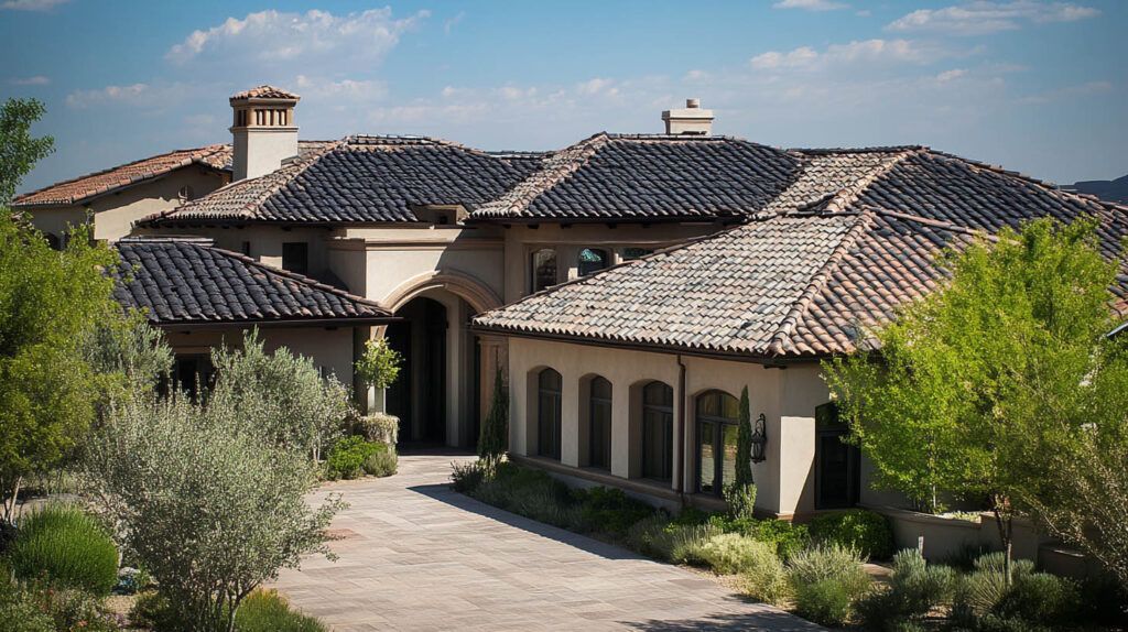 Spanish-style villa with tiled roofs, arched entry, and landscaped greenery under a clear blue sky