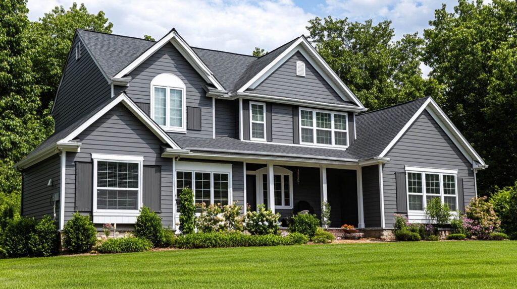 Gray suburban house with gabled roof, white trim, and a green lawn under a partly cloudy sky