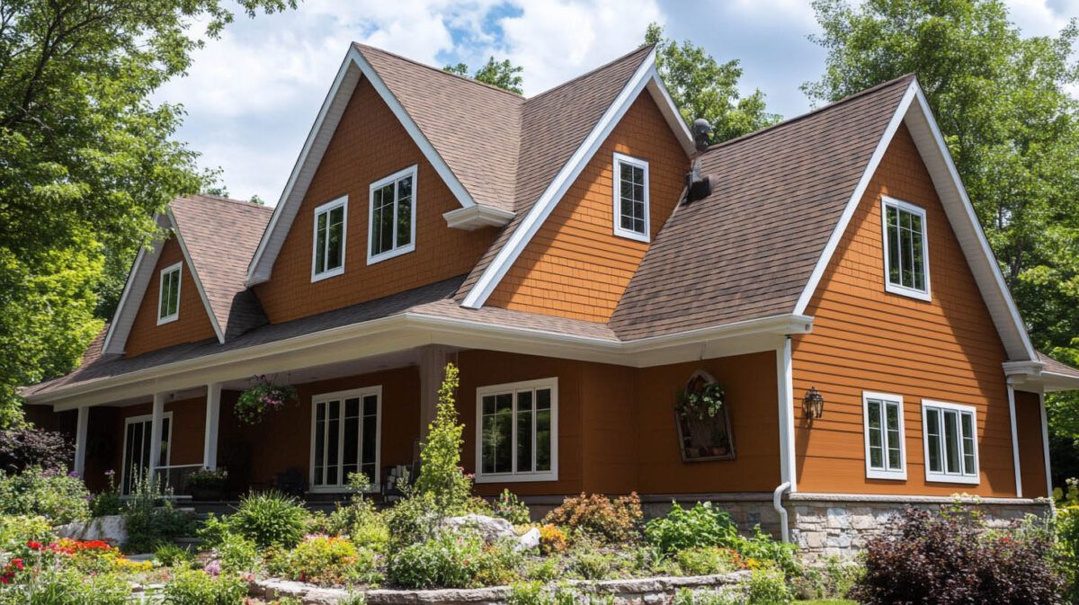 Brown wooden house with a steep gray roof and white trim, surrounded by green trees and shrubs