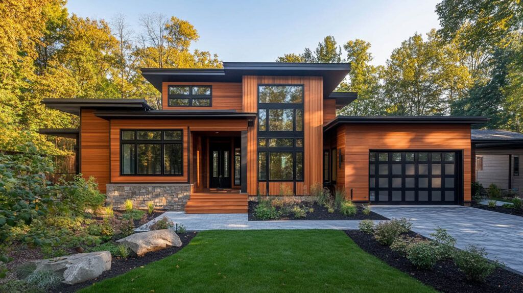 Modern wood-and-glass house with a garage, front porch, and landscaped lawn at sunset