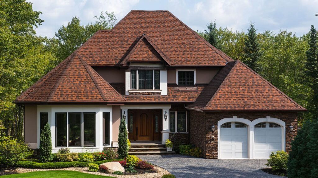 Large suburban house with a red-tiled roof, white trim, and a two-car garage surrounded by greenery