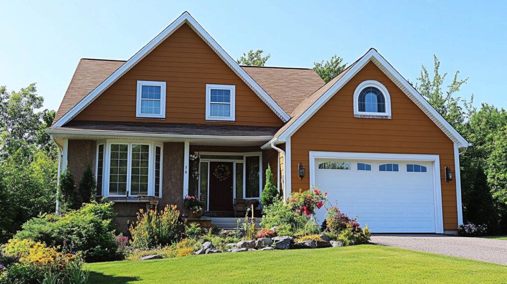 Orange house with white trim, front porch, garage, and green lawn under a clear sky