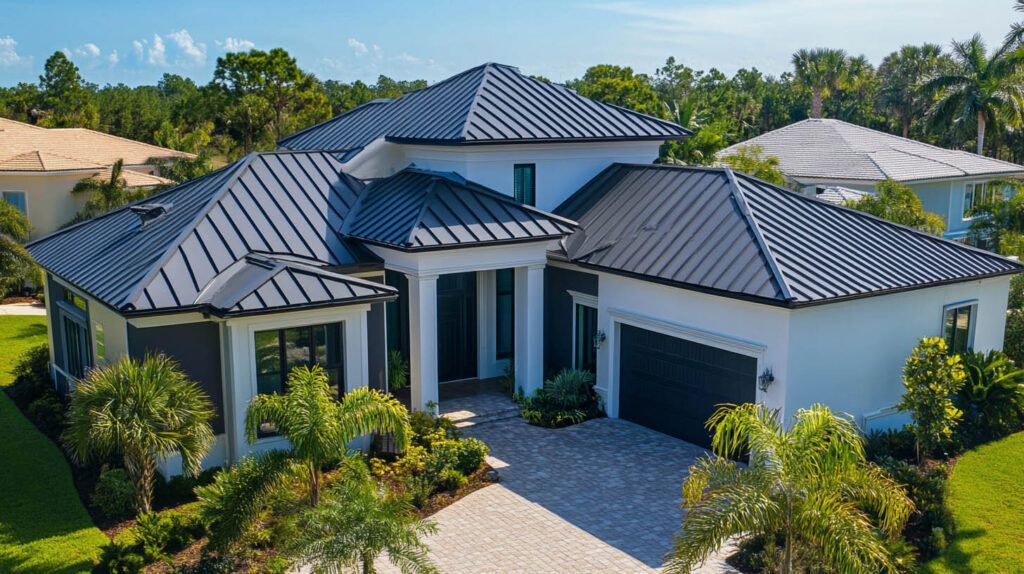 Modern white house with dark gray metal roof, two-car garage, and landscaped front yard.