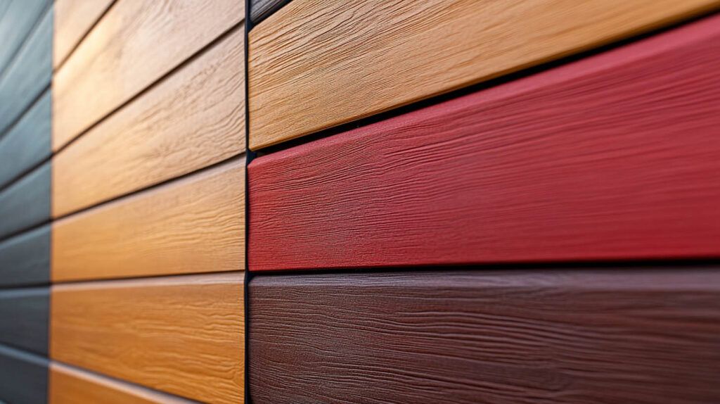 Close-up of horizontal wooden siding panels in orange, red, and dark brown tones