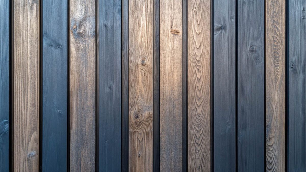 Vertical weathered wooden planks in blue-gray and natural wood tones