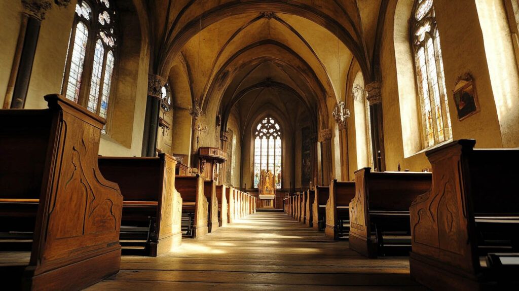 Sunlit church nave with wooden pews and arched stone ceiling, viewed from the aisle.