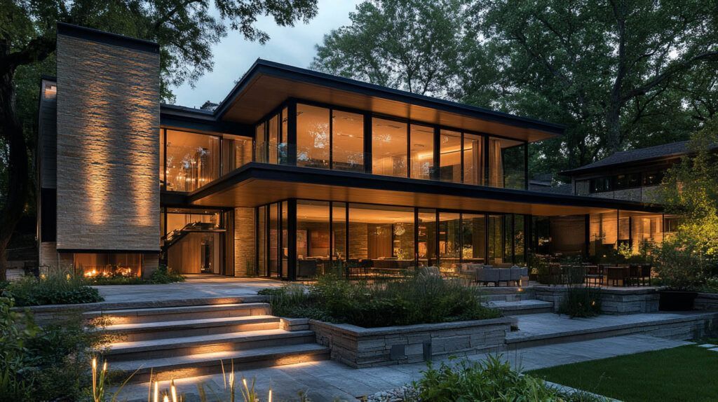 Modern two-story glass house with warm interior lights at dusk, surrounded by trees and landscaped steps