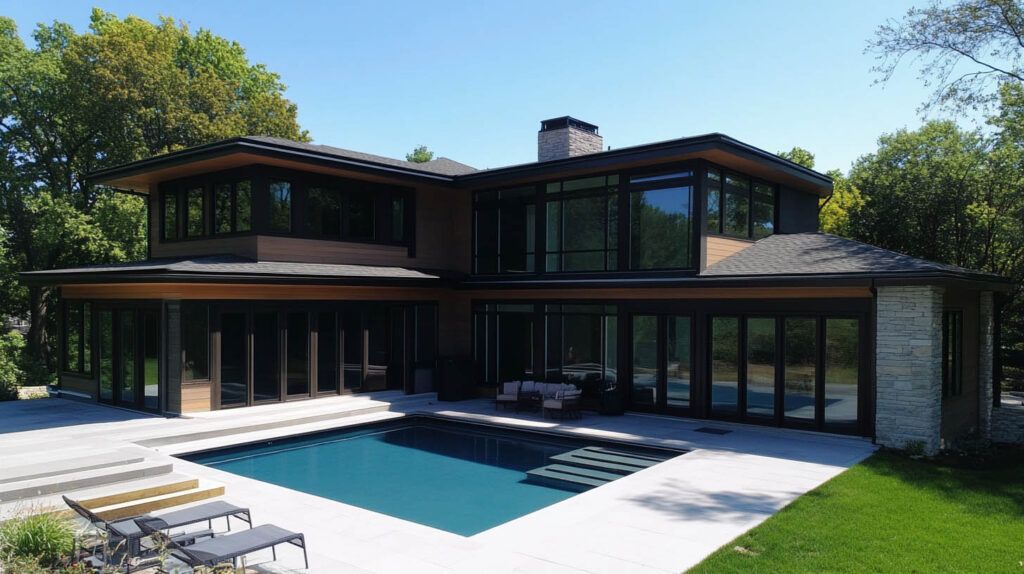 Modern two-story house with large glass windows, patio, and a swimming pool in a sunny backyard