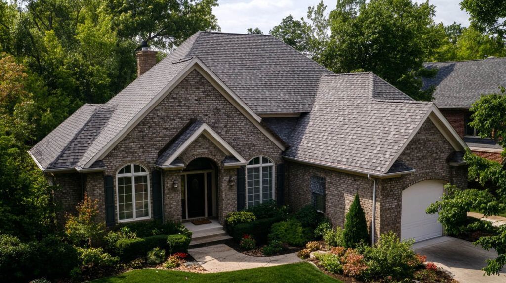 Stone house with gray roof and landscaped front yard surrounded by trees