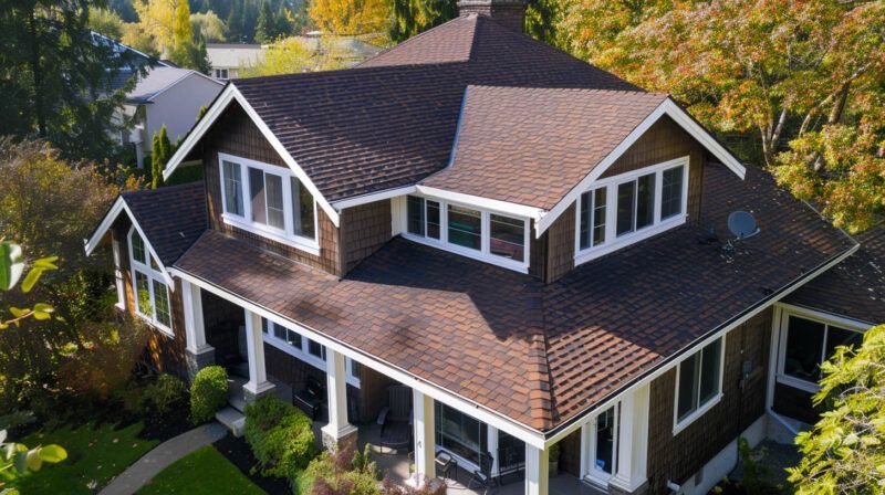 Aerial view of a brown-roofed suburban house surrounded by trees and greenery