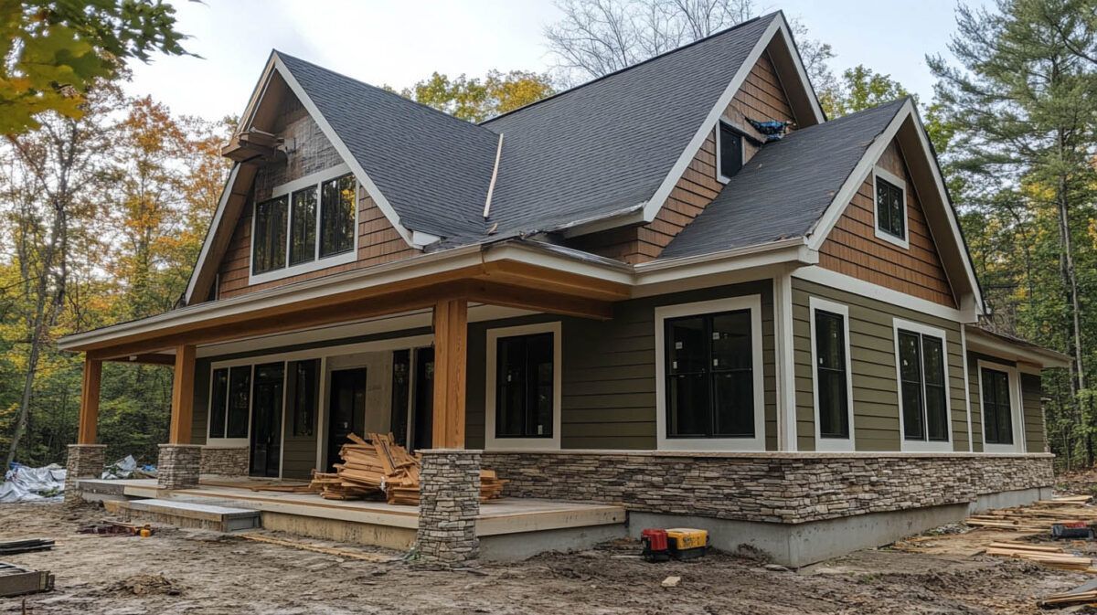 New house under construction with stone foundation, wood porch, and dark roof in a wooded area