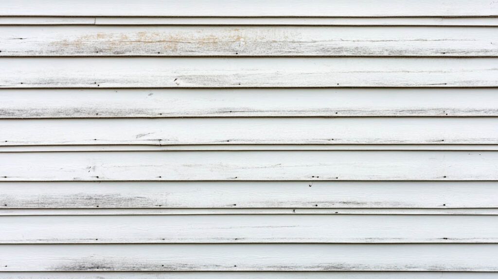 White horizontal metal siding with weathered streaks and dirt marks