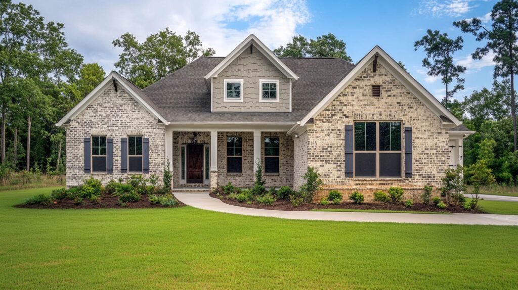 Stone suburban house with dormers, front porch, and large windows, set behind a green lawn and trees