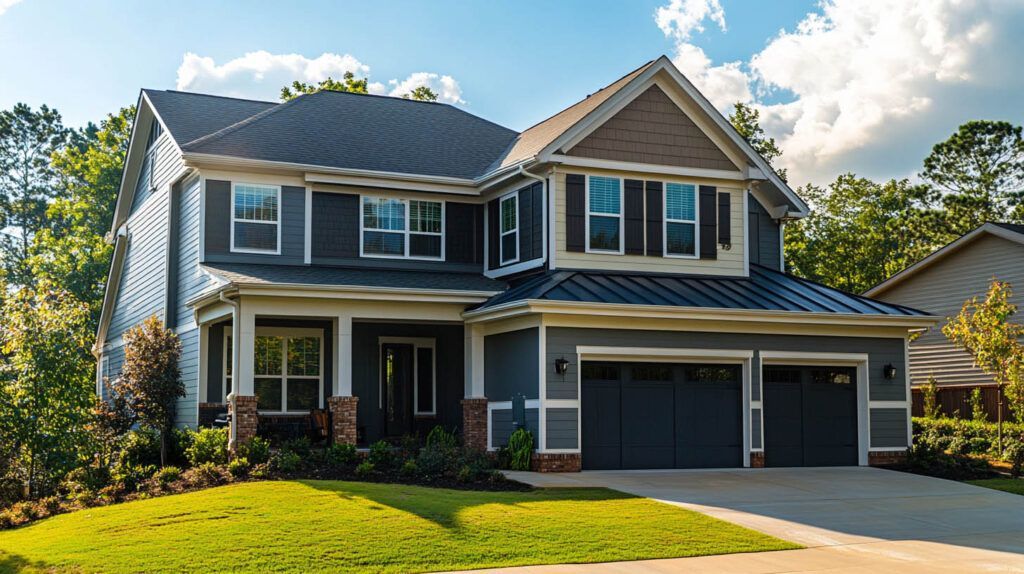 Two-story suburban house with gray siding, black shutters, a double garage, and a green lawn under a blue sky