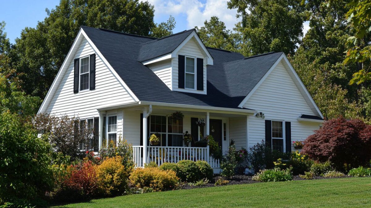 White house with a dark roof and front porch, surrounded by green lawn and colorful shrubs.