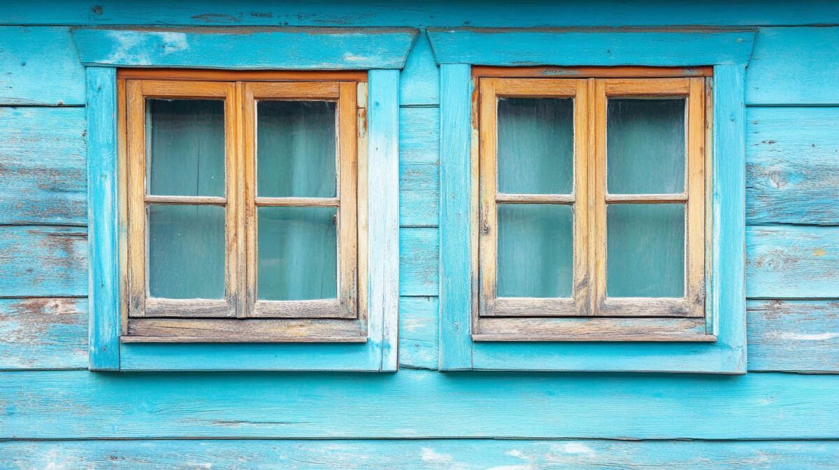 Two weathered wooden windows on a bright turquoise-blue wall