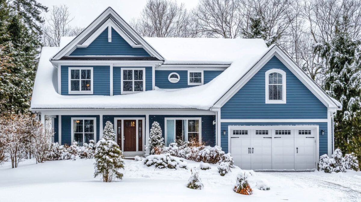 Snow-covered blue house with white trim, front porch, and attached garage in a winter neighborhood