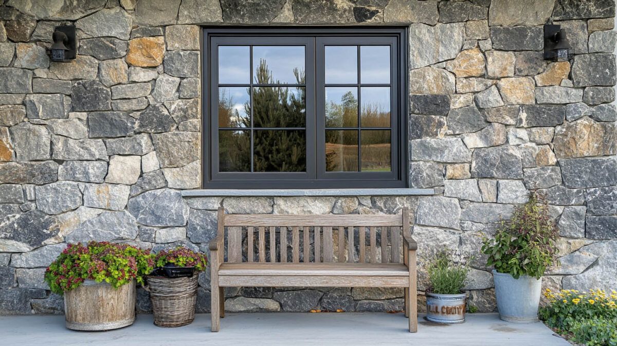 Wooden bench beneath a window on a stone wall, flanked by potted flowers and greenery.