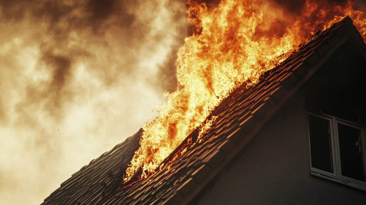 House roof engulfed in flames with thick smoke rising