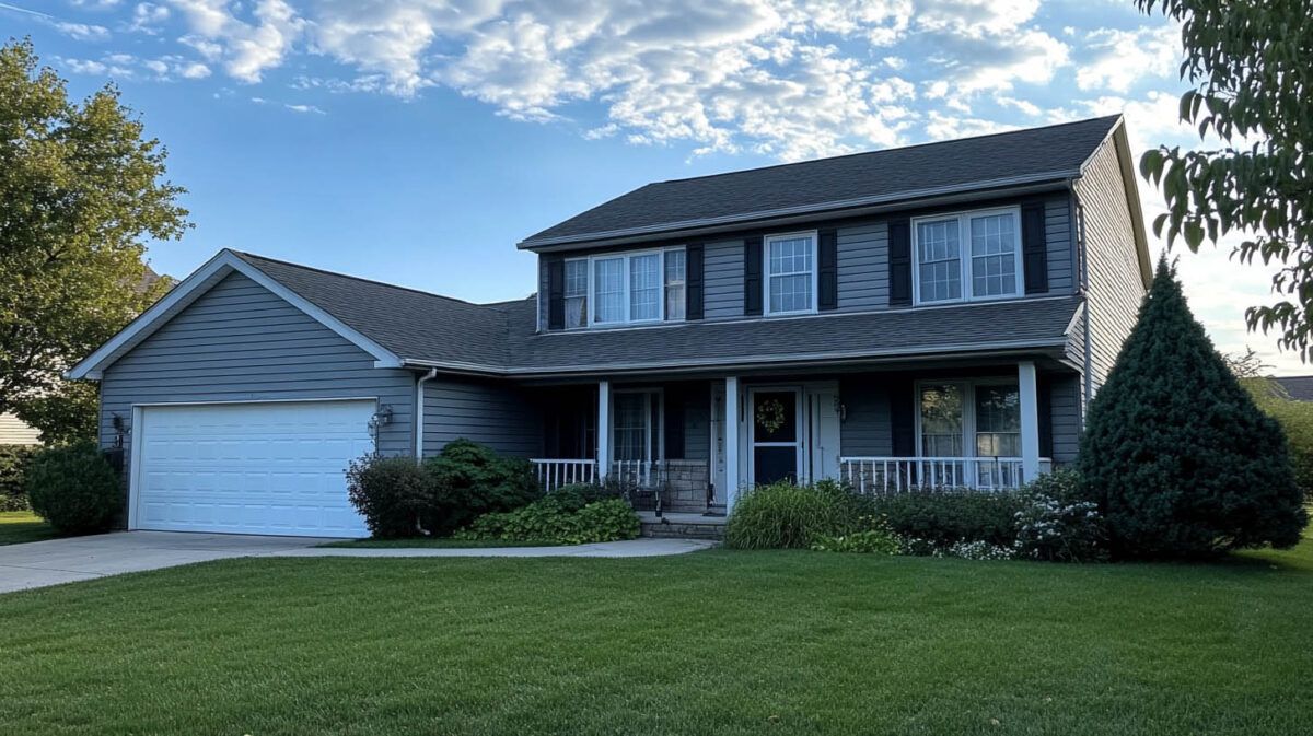 Two-story suburban house with attached garage, front porch, and large green lawn under a blue sky