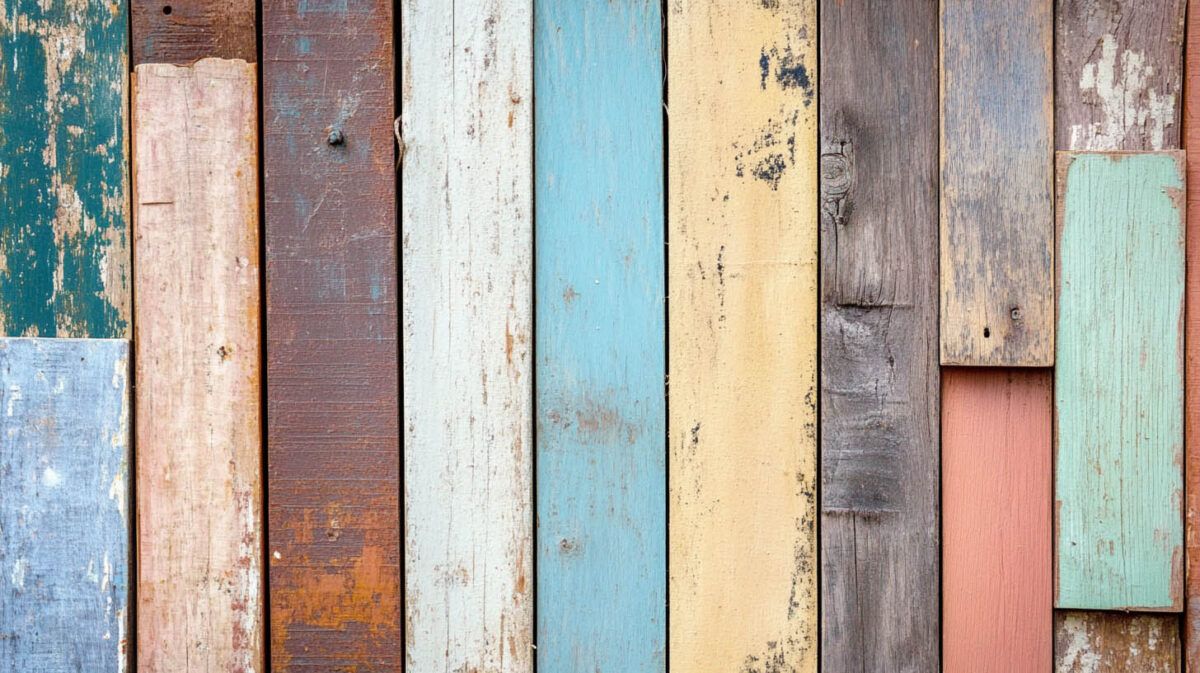 Weathered vertical wooden planks in assorted muted colors, including blue, white, yellow, gray, and red.