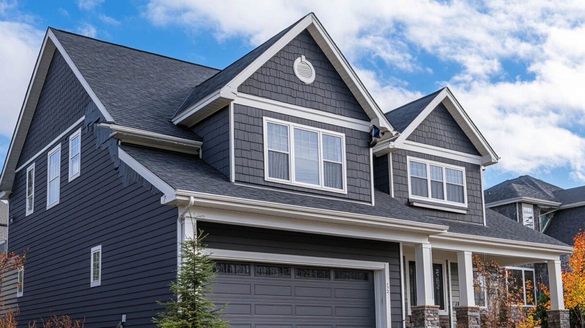 Gray two-story suburban house with white trim, front porch, and garage under a blue sky