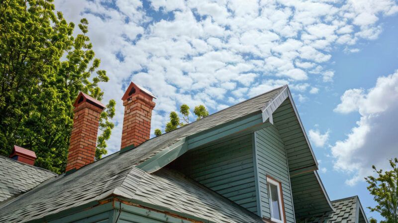 Blue house roof with two red brick chimneys against a cloudy sky and green trees