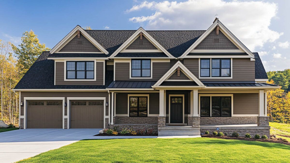 Two-story gray house with stone accents, three gables, double garage, and a manicured green lawn under a blue sky