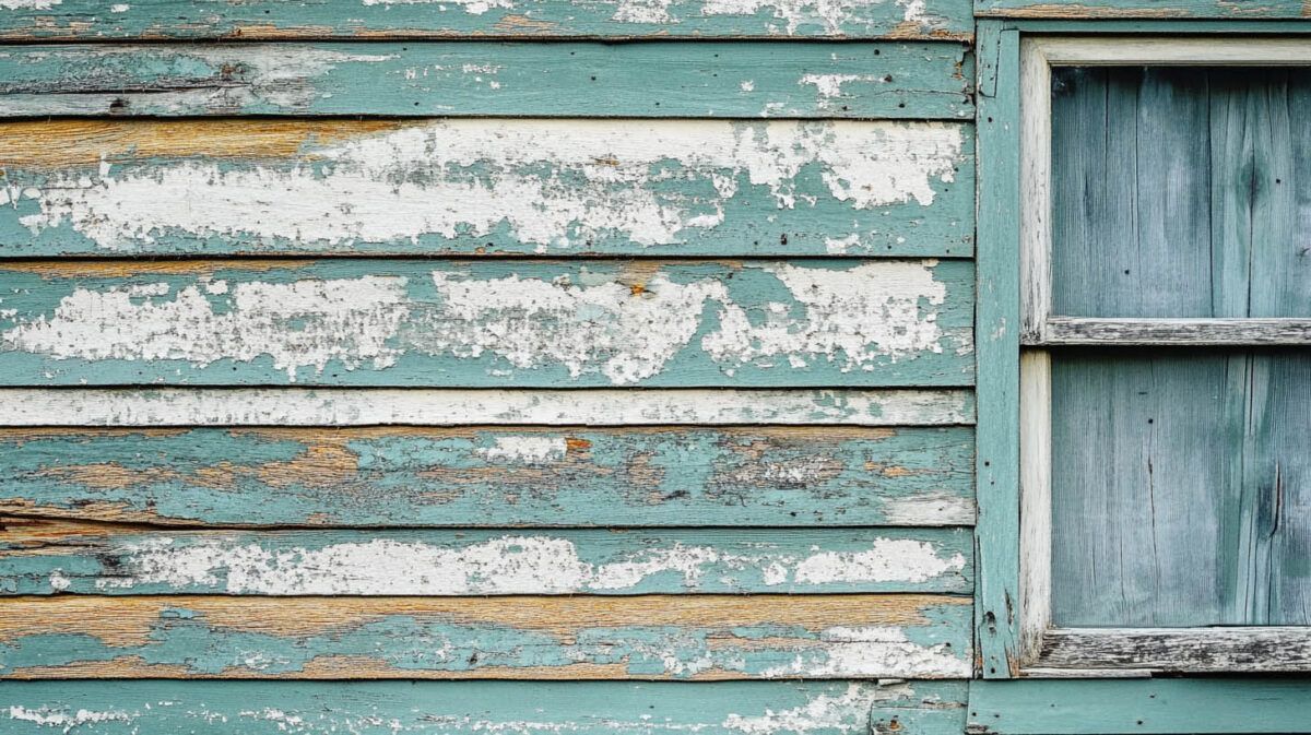 Weathered turquoise wooden siding with peeling paint beside a small window with faded curtains