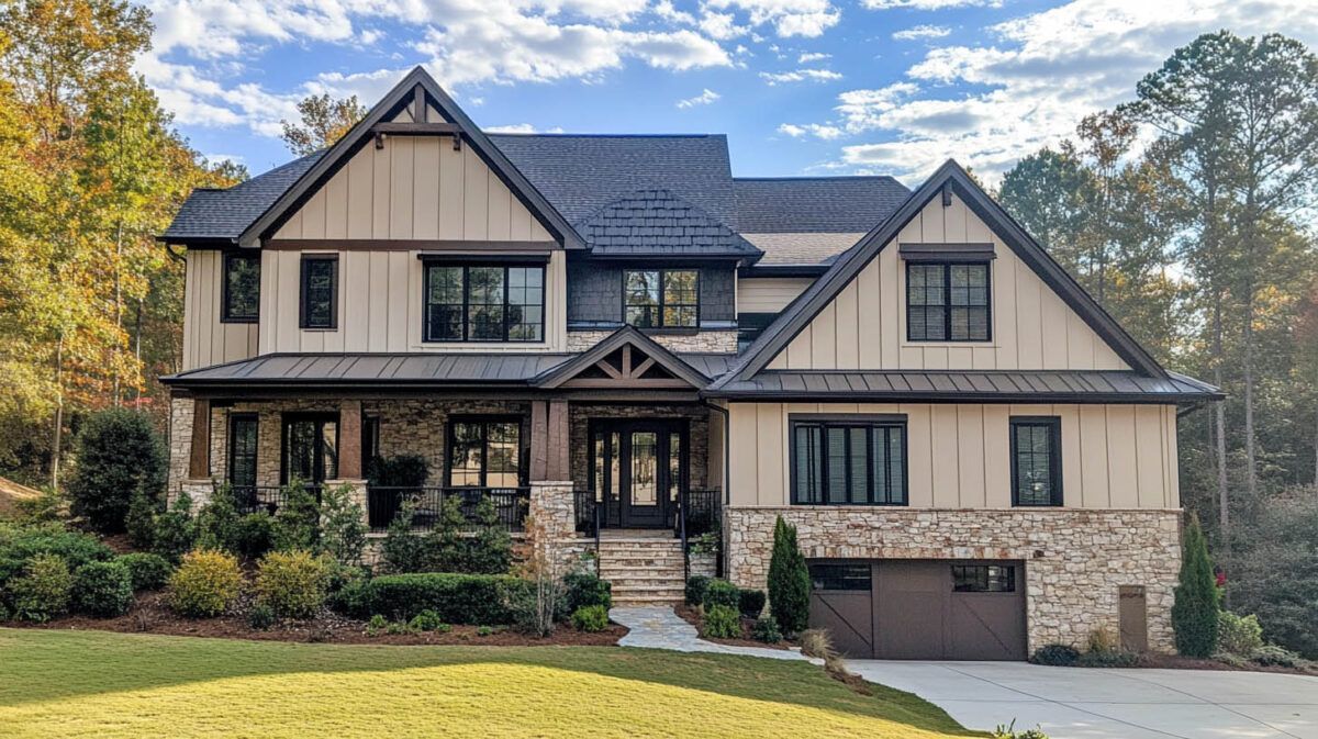 Two-story beige stone and gray house with porch, dark roof, and driveway under a partly cloudy sky