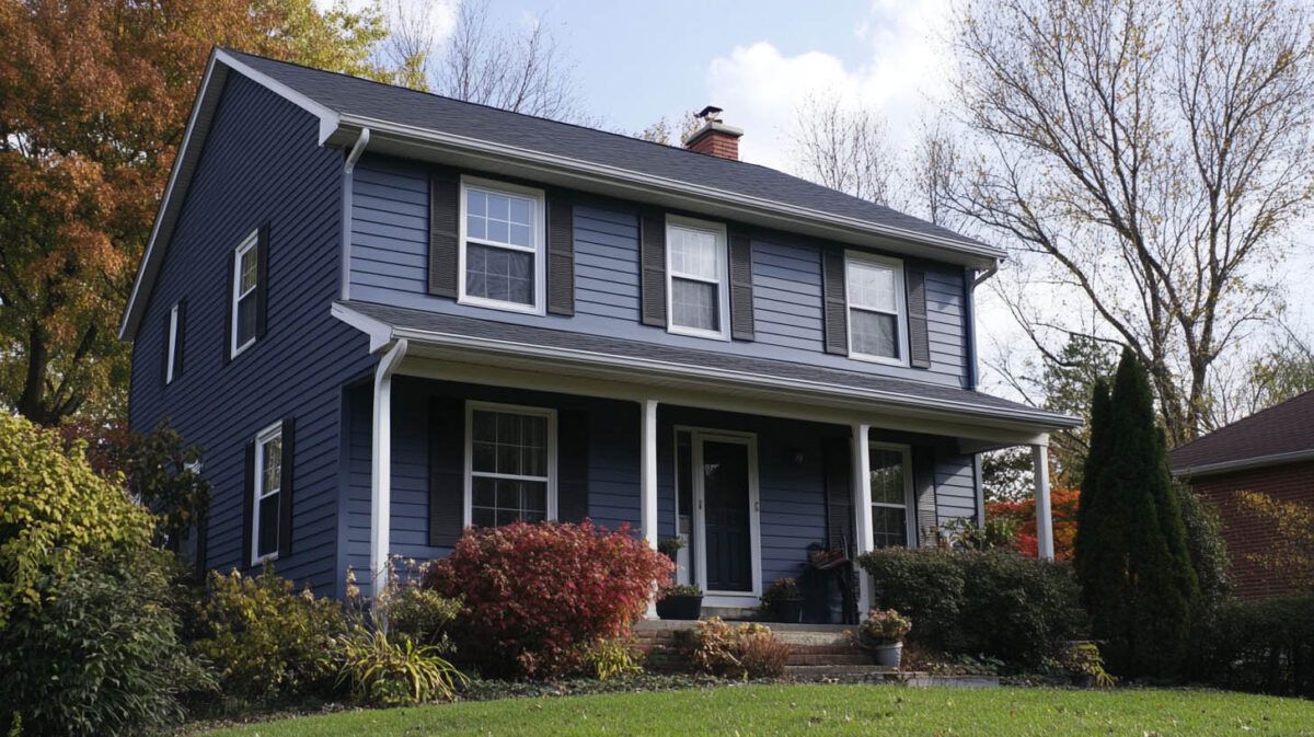 Blue two-story house with white trim and a front porch, surrounded by trees and shrubs