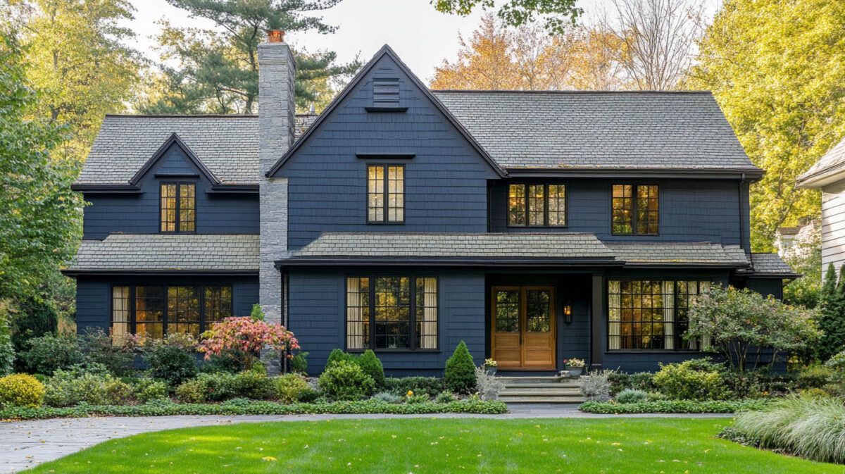 Dark gray modern house with lit windows, stone chimney, and landscaped front yard in autumn