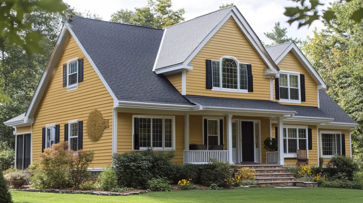Yellow suburban house with gray roof, white trim, and a front porch surrounded by trees and lawn