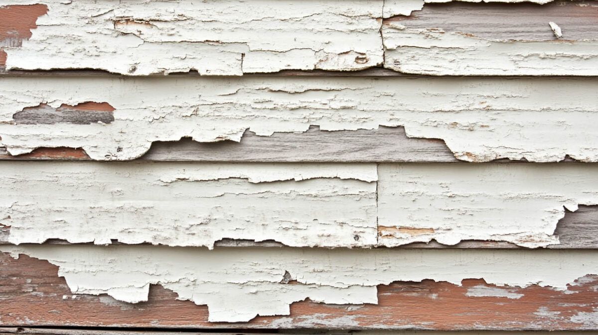 Peeling white paint on weathered wooden siding with exposed brown wood underneath