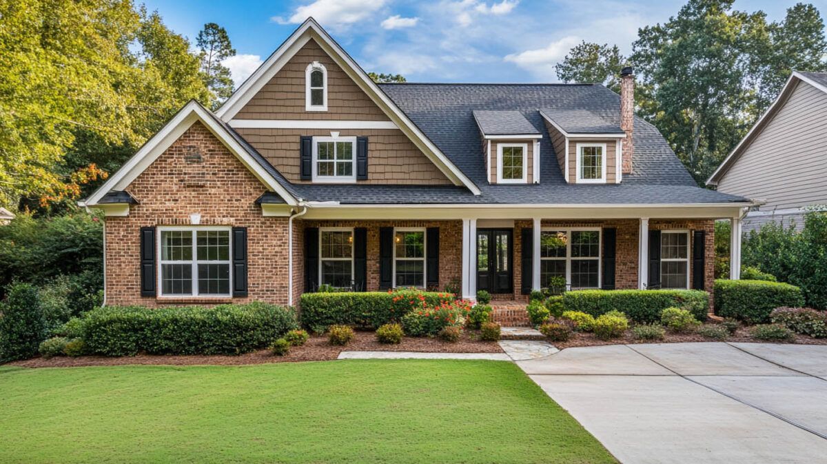 Suburban brick-and-wood house with a front porch, dormer windows, and a large driveway bordered by green lawn.