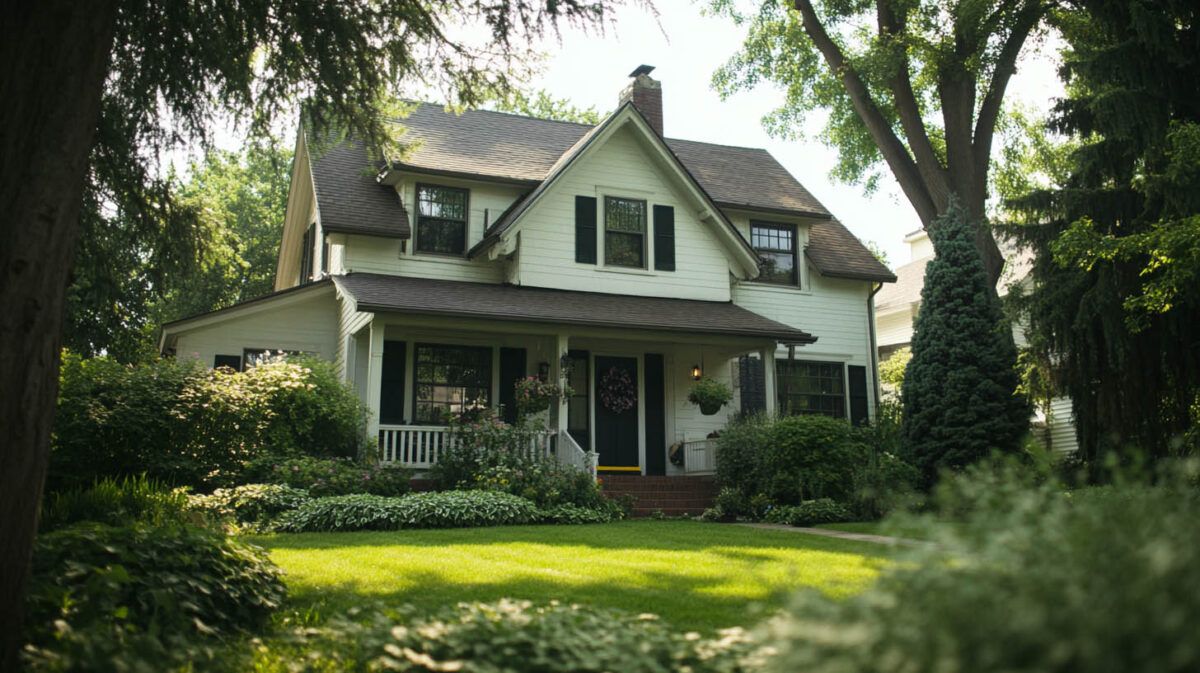 White house with a front porch in a lush green yard, surrounded by trees.